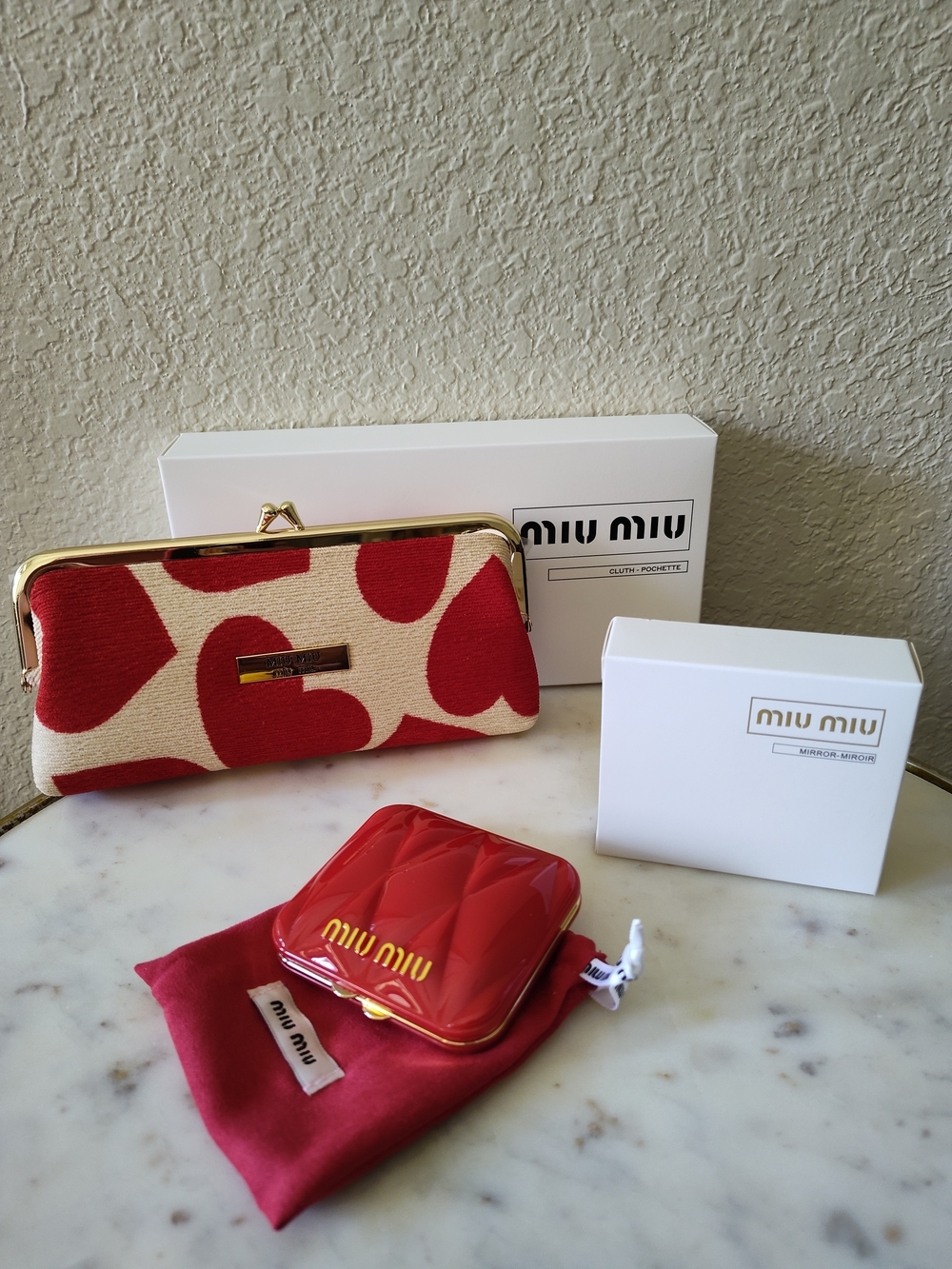MIU MIU Red Ivory Heart Print Mirror Miroir Compact Clutch Pochette Gift Set NIB